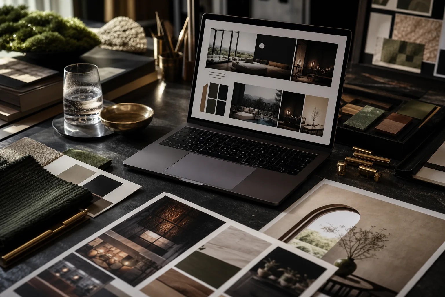 A refined design table with a laptop, moodboards, and luxury website direction.