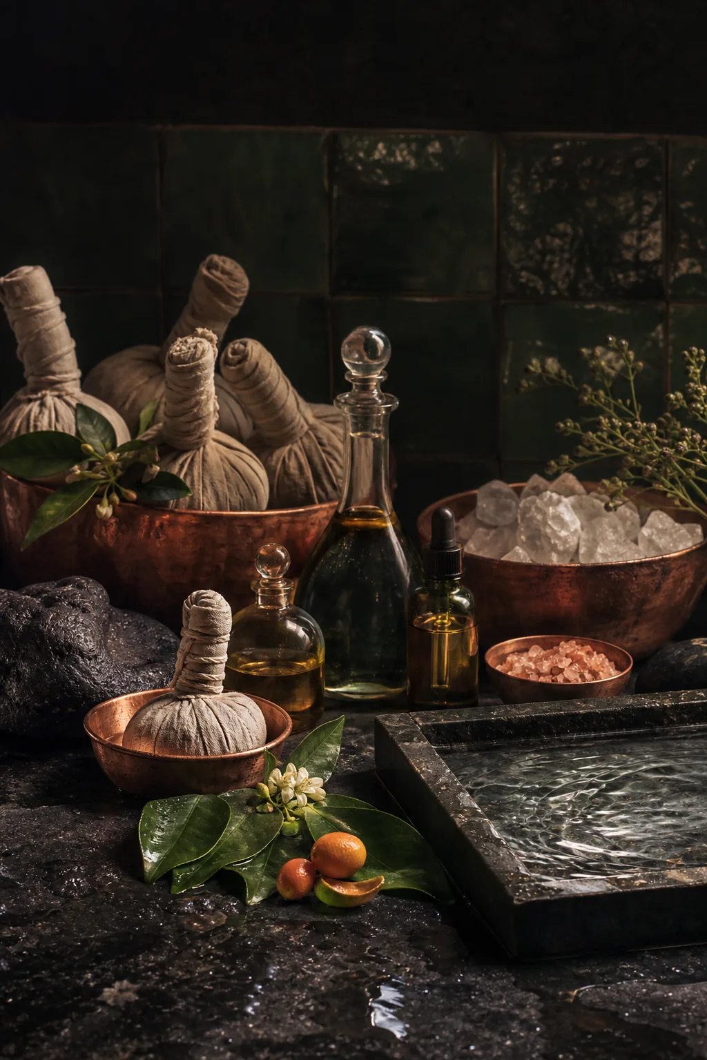 Copper bowls, herbal compresses, glass oil bottles, mineral salts, citrus leaves, and a shallow water tray.