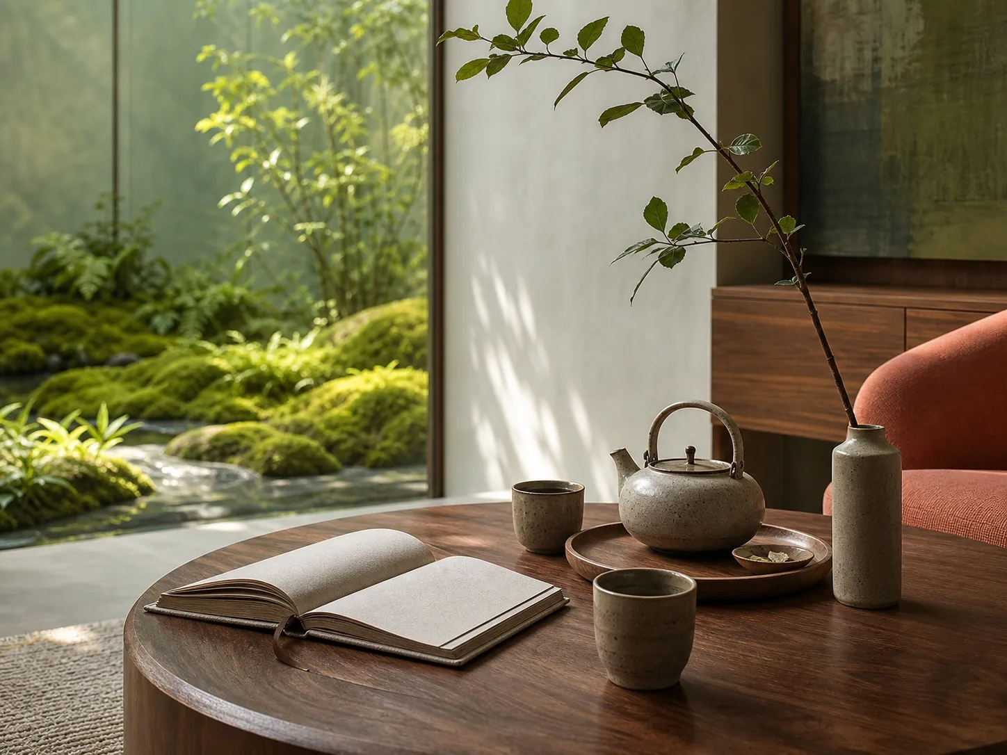 A calm therapy table with tea, an open notebook, and garden light.