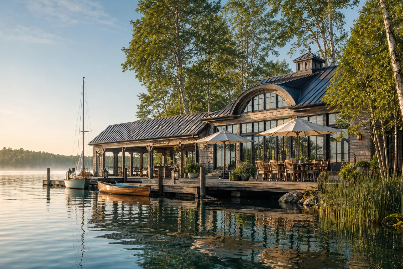 A low modern boathouse rental with a covered dock, canoe, and calm lake reflections.