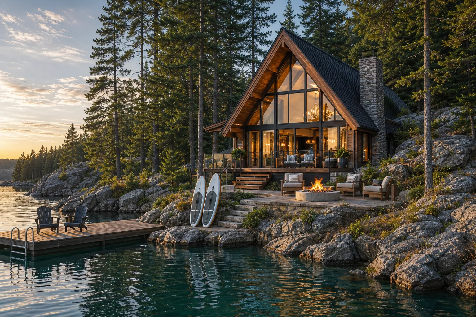 A cedar and glass A-frame lake house beside a rocky cove and private dock.