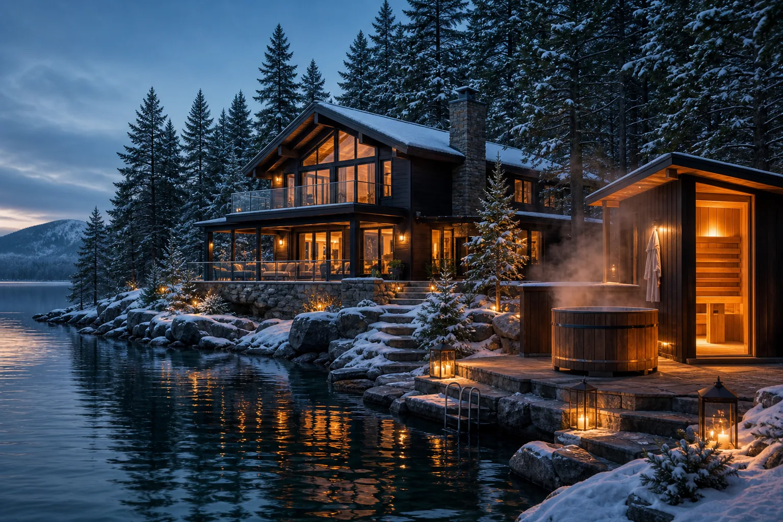 A warm dark-wood lake lodge with cedar sauna, snow, lanterns, and still winter water.